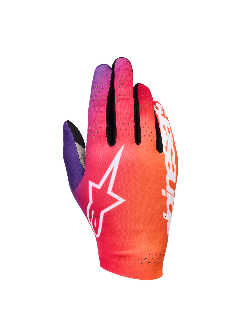 Alpinestars Sim Gloves Graphic 2, luvas de Sim Racing, gradiente de cor-de-laranja, roxo néon e branco, com logótipo de estrela branco, detalhes de ventilação perfurados e tecido elástico leve com pormenores em malha preta