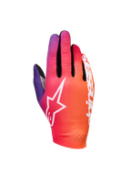 Alpinestars Sim Gloves Graphic 2, luvas de Sim Racing, gradiente de cor-de-laranja, roxo néon e branco, com logótipo de estrela branco, detalhes de ventilação perfurados e tecido elástico leve com pormenores em malha preta
