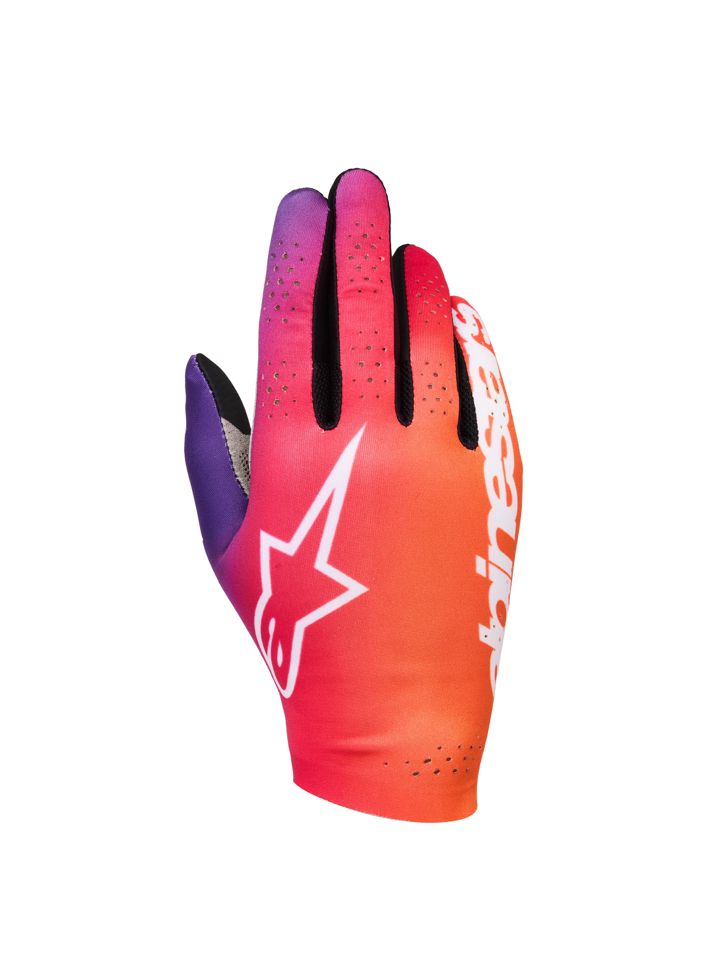 Alpinestars Sim Gloves Graphic 2, luvas de Sim Racing, gradiente de cor-de-laranja, roxo néon e branco, com logótipo de estrela branco, detalhes de ventilação perfurados e tecido elástico leve com pormenores em malha preta