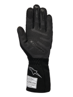 Alpinestars Limited Edition Lamborghini Tech-1 ZX V4 Gloves, Auto Racing Gloves, Black and Dark Gray, palm view featuring 3D silicone grip technology, silver logo on the cuff, FIA homologation tag, professional motorsport gear