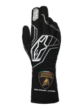 Alpinestars Limited Edition Lamborghini Tech-1 ZX V4 Gloves, Black with Dark Gray and White accents, featuring the prominent Alpinestars logo and the Automobili Lamborghini Squadra Corse shield on the cuff, professional FIA-certified auto racing gloves