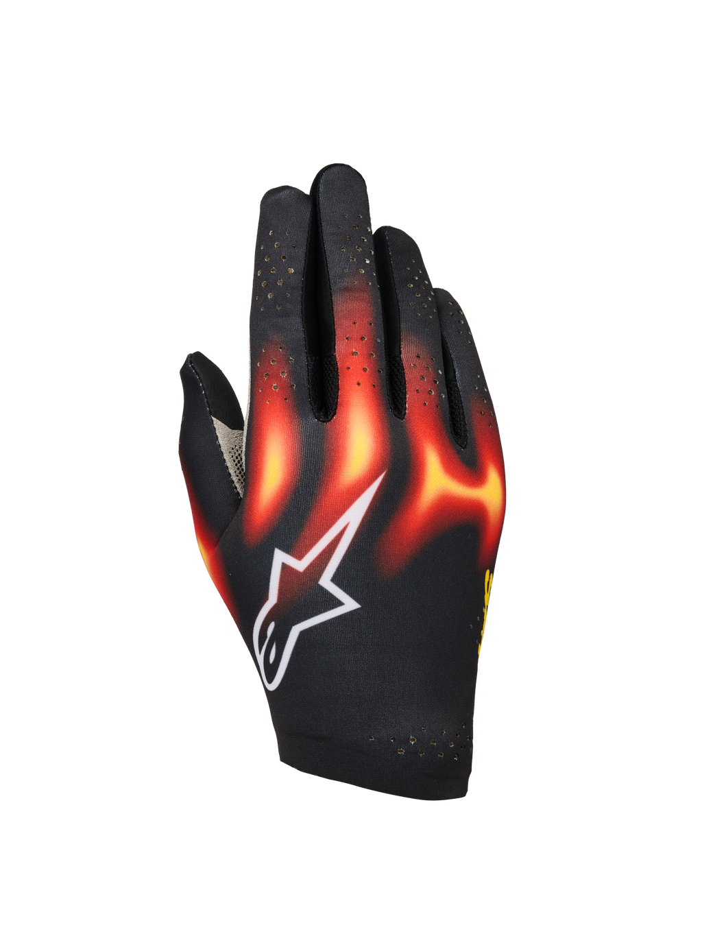 Alpinestars Sim Gloves Graphic 3, luvas de sim racing, pretas com grafismos de chamas em vermelho vivo e amarelo, logótipo de estrela branco, dedos perfurados para ventilação, construção leve e flexível para corridas virtuais