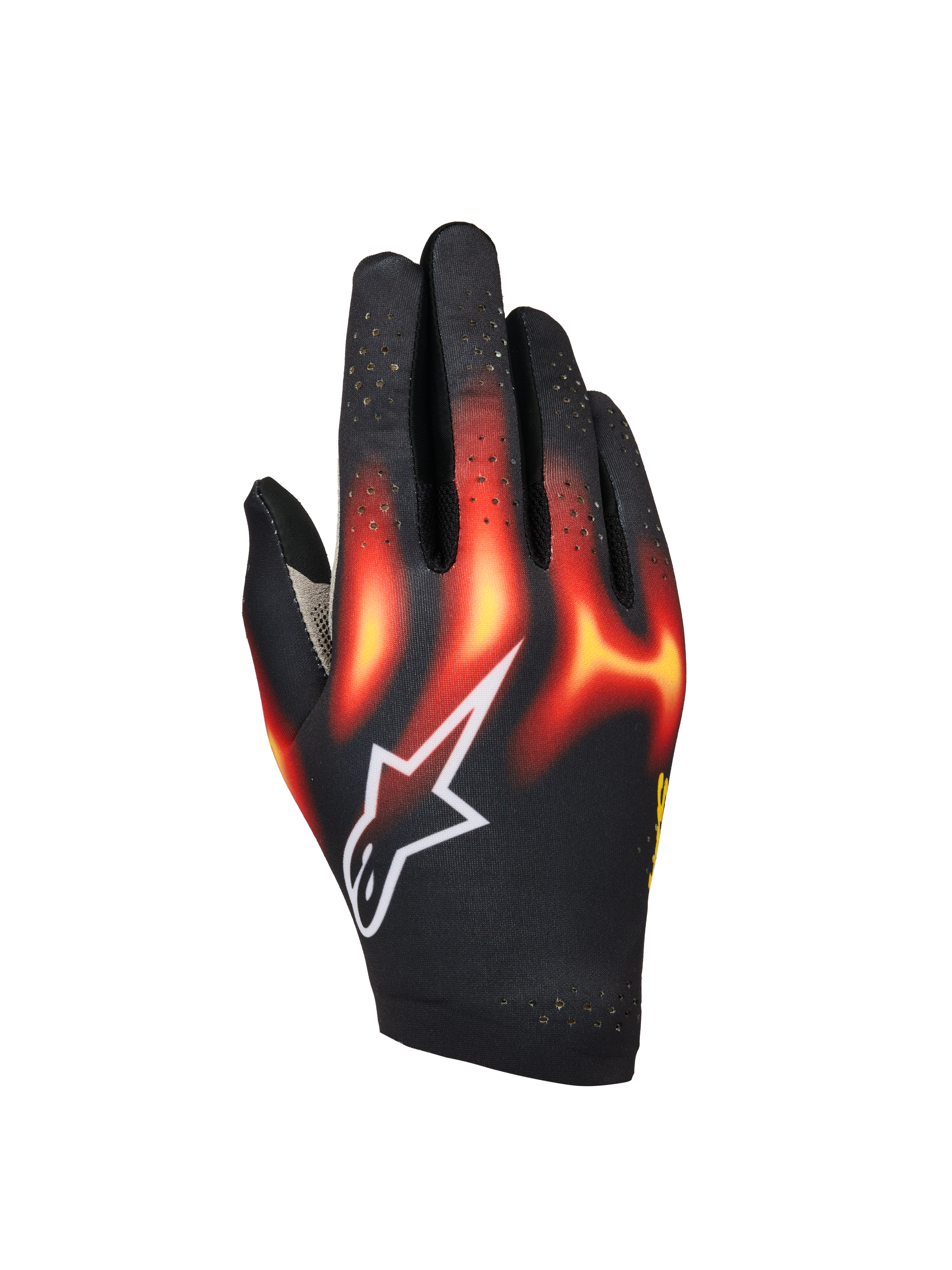 Alpinestars Sim Gloves Graphic 3, luvas de sim racing, pretas com grafismos de chamas em vermelho vivo e amarelo, logótipo de estrela branco, dedos perfurados para ventilação, construção leve e flexível para corridas virtuais