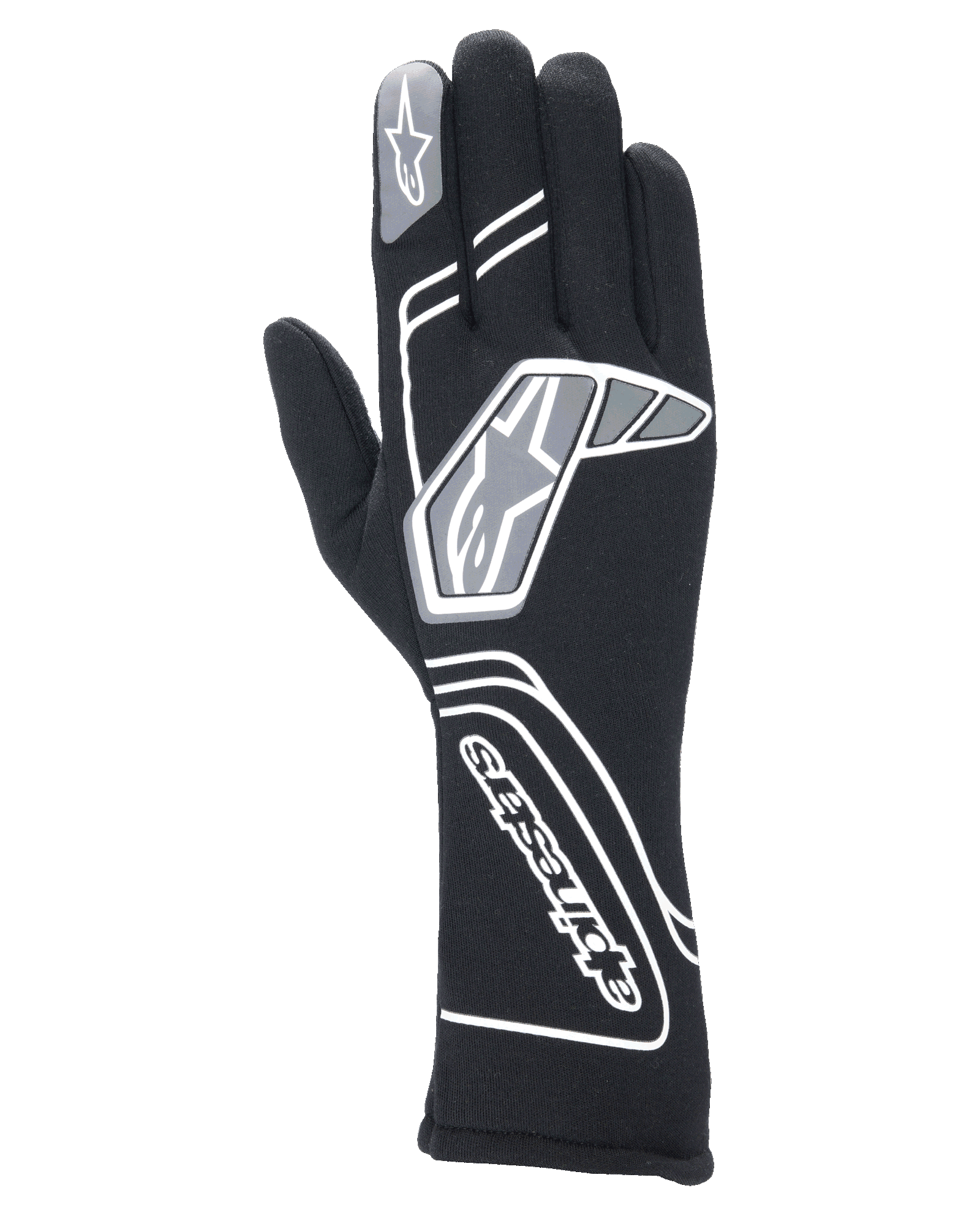 Alpinestars Tech-1 Start V4 Gloves FIA, luvas profissionais de automobilismo pretas, com padrões geométricos brancos e cinzentos e logótipo Alpinestars, punho longo para proteção contra fogo e calor, design leve e pré-curvado para desportos motorizados