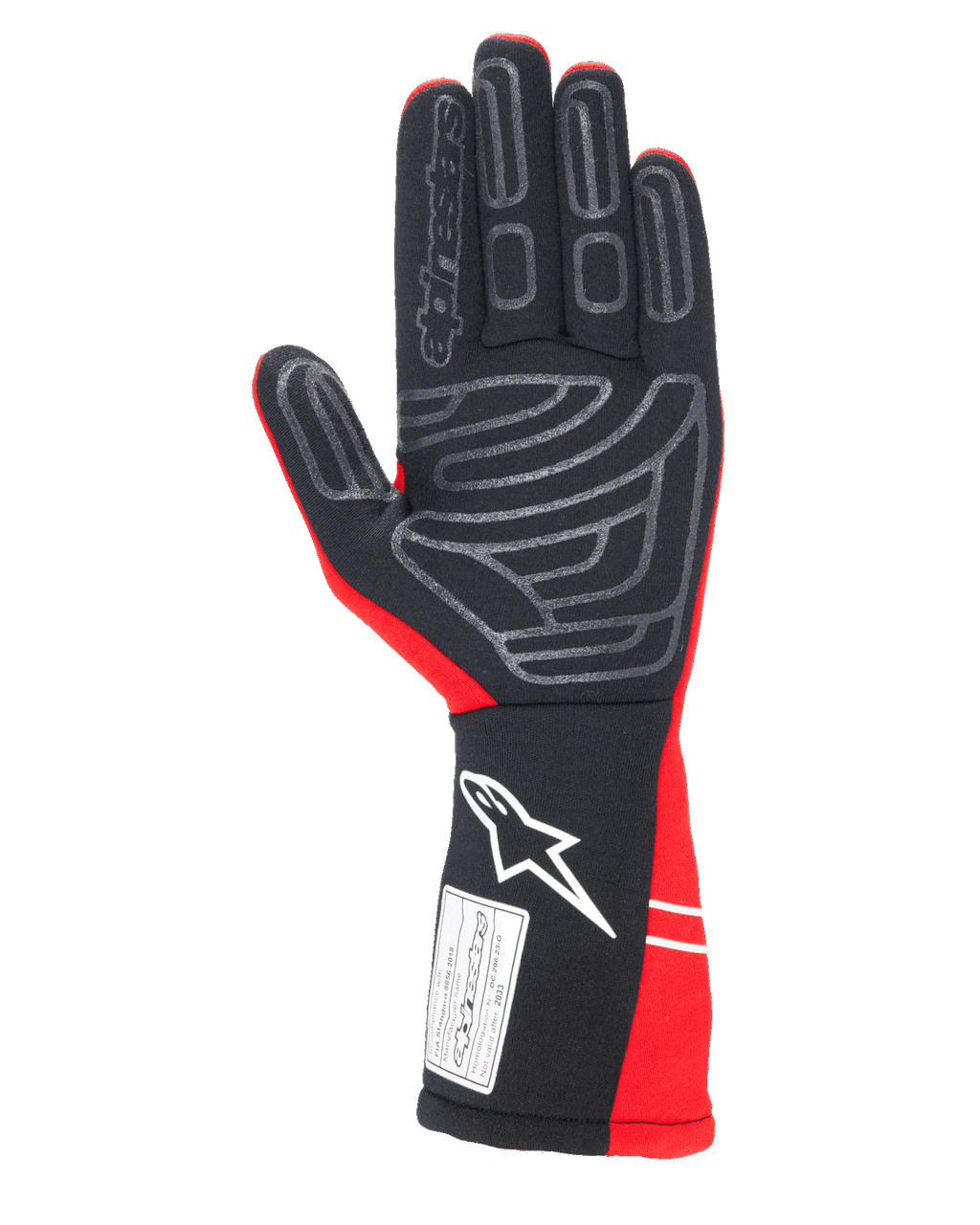 Luvas Alpinestars Tech-1 Start V4 FIA, luvas para automobilismo, vermelho e preto, vista da palma com padrões de aderência em silicone cinzento, logótipo Alpinestars branco no punho estendido e etiqueta de certificação FIA 8856-2018