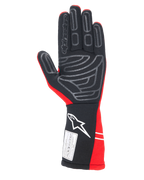 Luvas Alpinestars Tech-1 Start V4 FIA, luvas para automobilismo, vermelho e preto, vista da palma com padrões de aderência em silicone cinzento, logótipo Alpinestars branco no punho estendido e etiqueta de certificação FIA 8856-2018