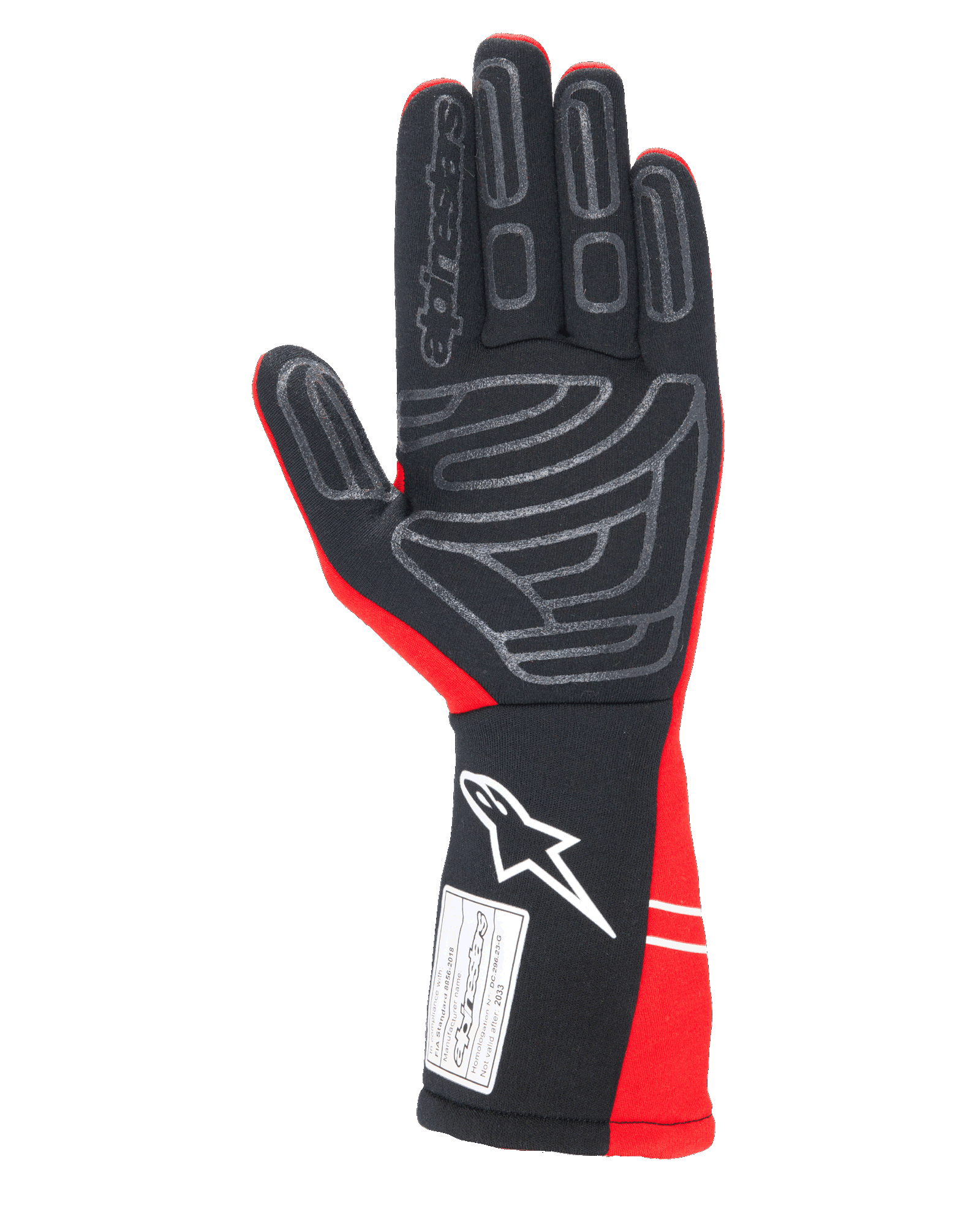 Luvas Alpinestars Tech-1 Start V4 FIA, luvas para automobilismo, vermelho e preto, vista da palma com padrões de aderência em silicone cinzento, logótipo Alpinestars branco no punho estendido e etiqueta de certificação FIA 8856-2018