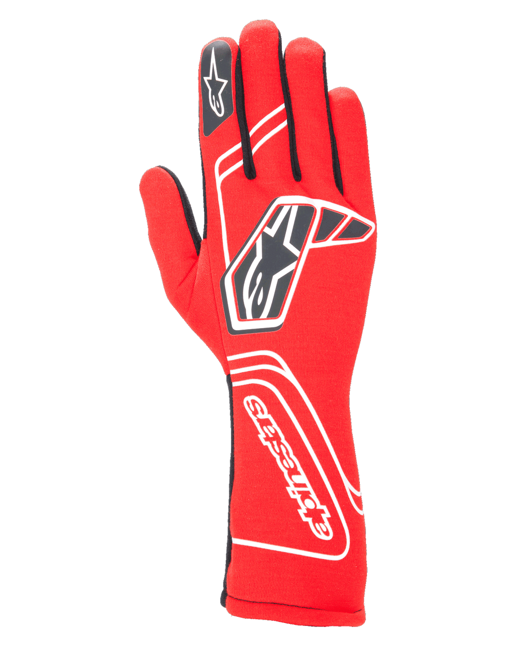 Luvas Alpinestars Tech-1 Start V4 FIA, luvas de corrida automóvel, vermelhas com detalhes pretos e brancos, logótipo de estrela proeminente no dorso e nome da marca no punho, design de punho estendido, equipamento profissional de desporto motorizado