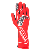 Luvas Alpinestars Tech-1 Start V4 FIA, luvas de corrida automóvel, vermelhas com detalhes pretos e brancos, logótipo de estrela proeminente no dorso e nome da marca no punho, design de punho estendido, equipamento profissional de desporto motorizado