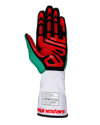Luvas Alpinestars Tech-1 K V3, luvas de karting, branco, verde e vermelho, vista da palma em camurça sintética preta com padrões de aderência em silicone vermelho, detalhe em verde no polegar, punho longo branco com etiqueta de homologação FIA e marca em vermelho, equipamento de corrida profissional