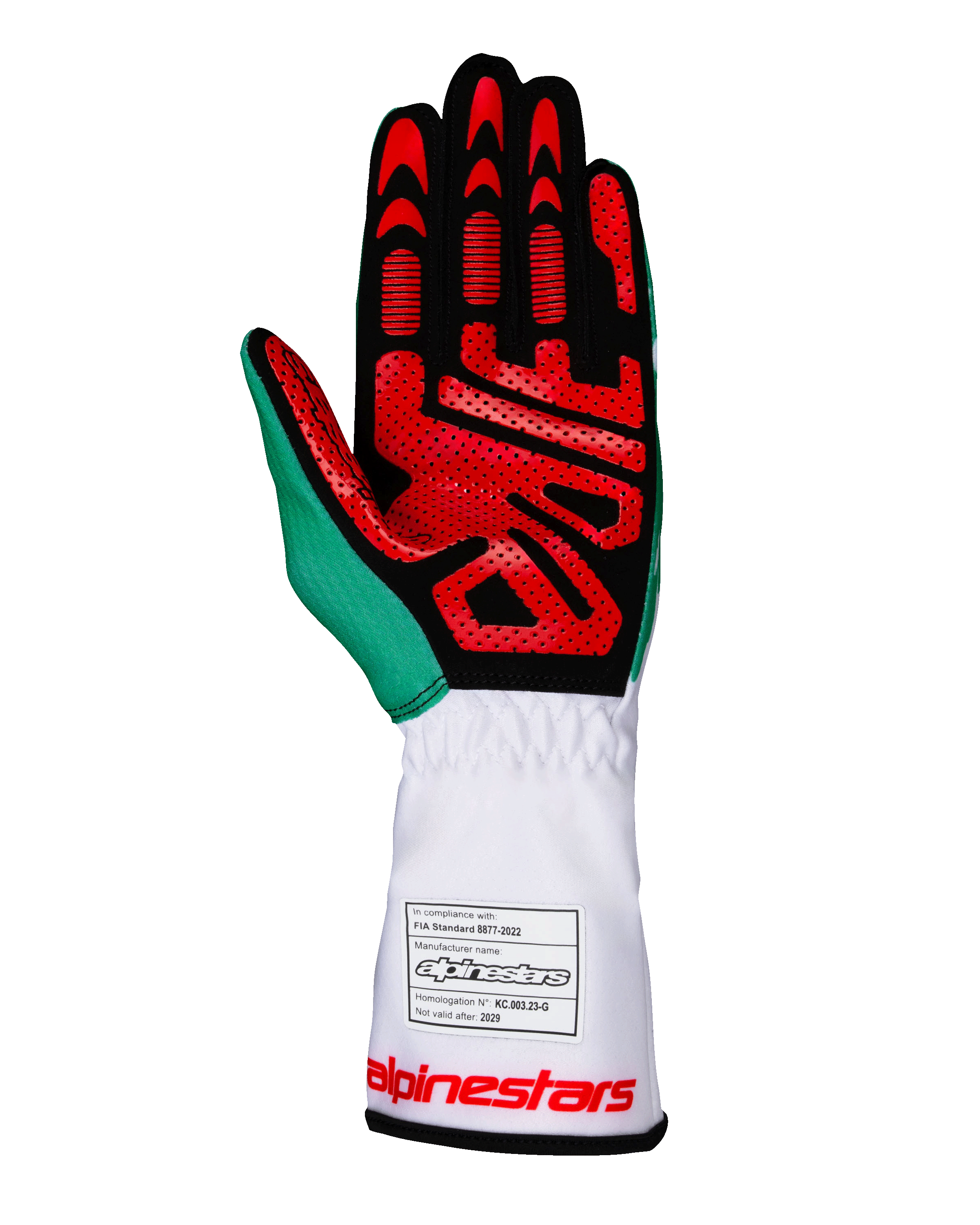 Luvas Alpinestars Tech-1 K V3, luvas de karting, branco, verde e vermelho, vista da palma em camurça sintética preta com padrões de aderência em silicone vermelho, detalhe em verde no polegar, punho longo branco com etiqueta de homologação FIA e marca em vermelho, equipamento de corrida profissional