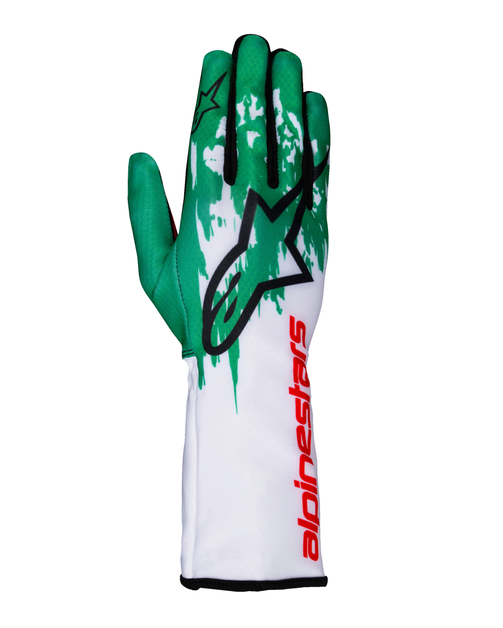 Luvas Alpinestars Tech-1 K V3, luvas de karting, brancas, verdes e vermelhas, grande logótipo de estrela preta nas costas da mão, marca vertical Alpinestars a vermelho no punho, padrão gráfico verde e branco nos dedos, design técnico ajustado