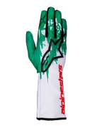Luvas Alpinestars Tech-1 K V3, luvas de karting, brancas, verdes e vermelhas, grande logótipo de estrela preta nas costas da mão, marca vertical Alpinestars a vermelho no punho, padrão gráfico verde e branco nos dedos, design técnico ajustado