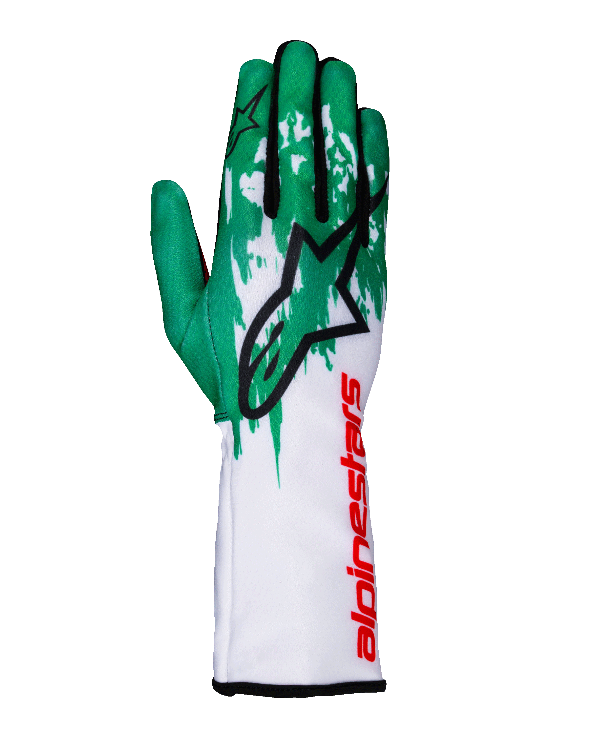 Luvas Alpinestars Tech-1 K V3, luvas de karting, brancas, verdes e vermelhas, grande logótipo de estrela preta nas costas da mão, marca vertical Alpinestars a vermelho no punho, padrão gráfico verde e branco nos dedos, design técnico ajustado