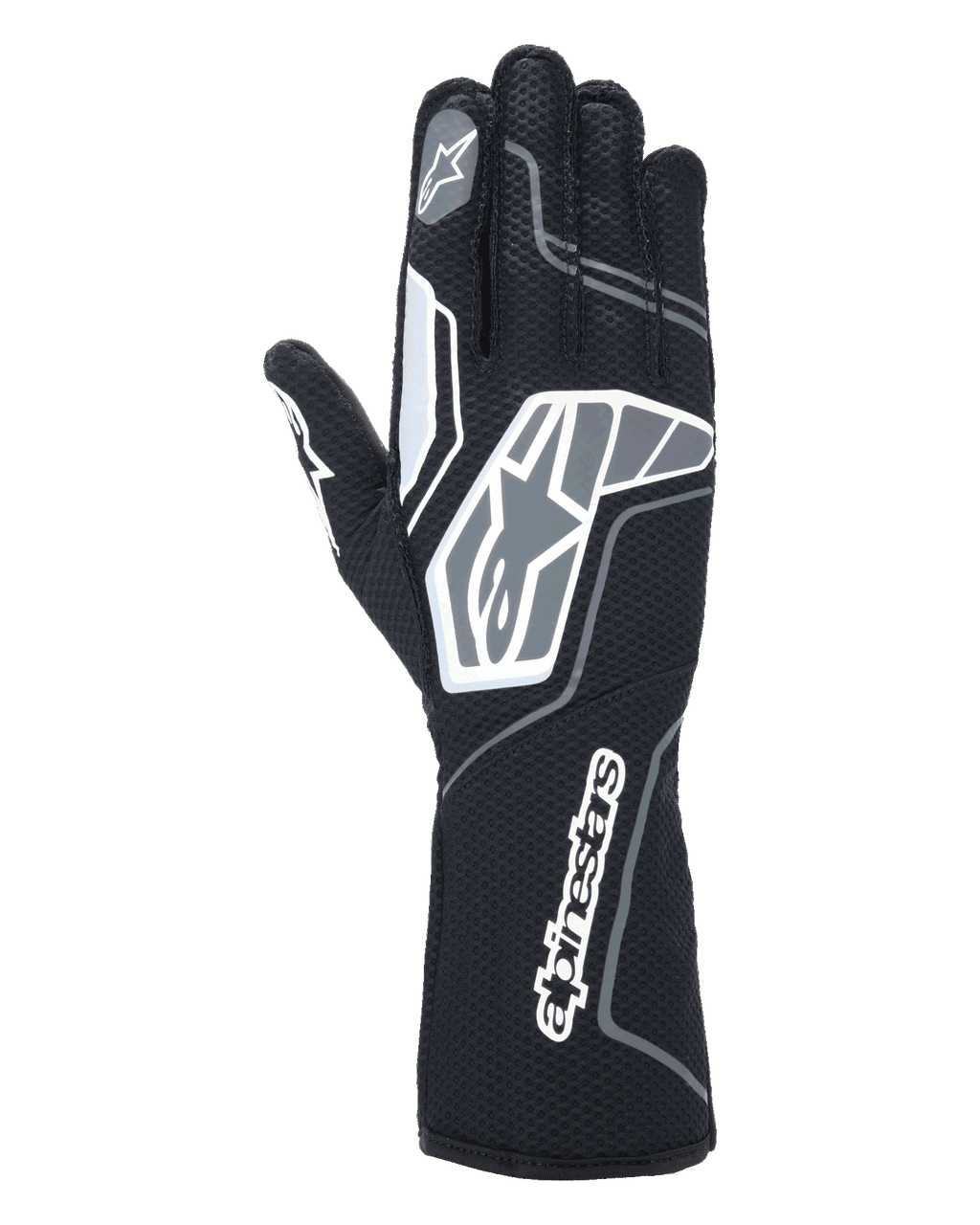 Luvas Alpinestars Tech-1 KX V4, luvas de karting, preto antracite, vista traseira mostrando malha respirável de camada dupla, detalhes gráficos cinzentos e brancos, marca Alpinestars proeminente no pulso e nos nós dos dedos, equipamento de corrida especializado