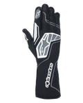 Luvas Alpinestars Tech-1 KX V4, luvas de karting, preto antracite, vista traseira mostrando malha respirável de camada dupla, detalhes gráficos cinzentos e brancos, marca Alpinestars proeminente no pulso e nos nós dos dedos, equipamento de corrida especializado