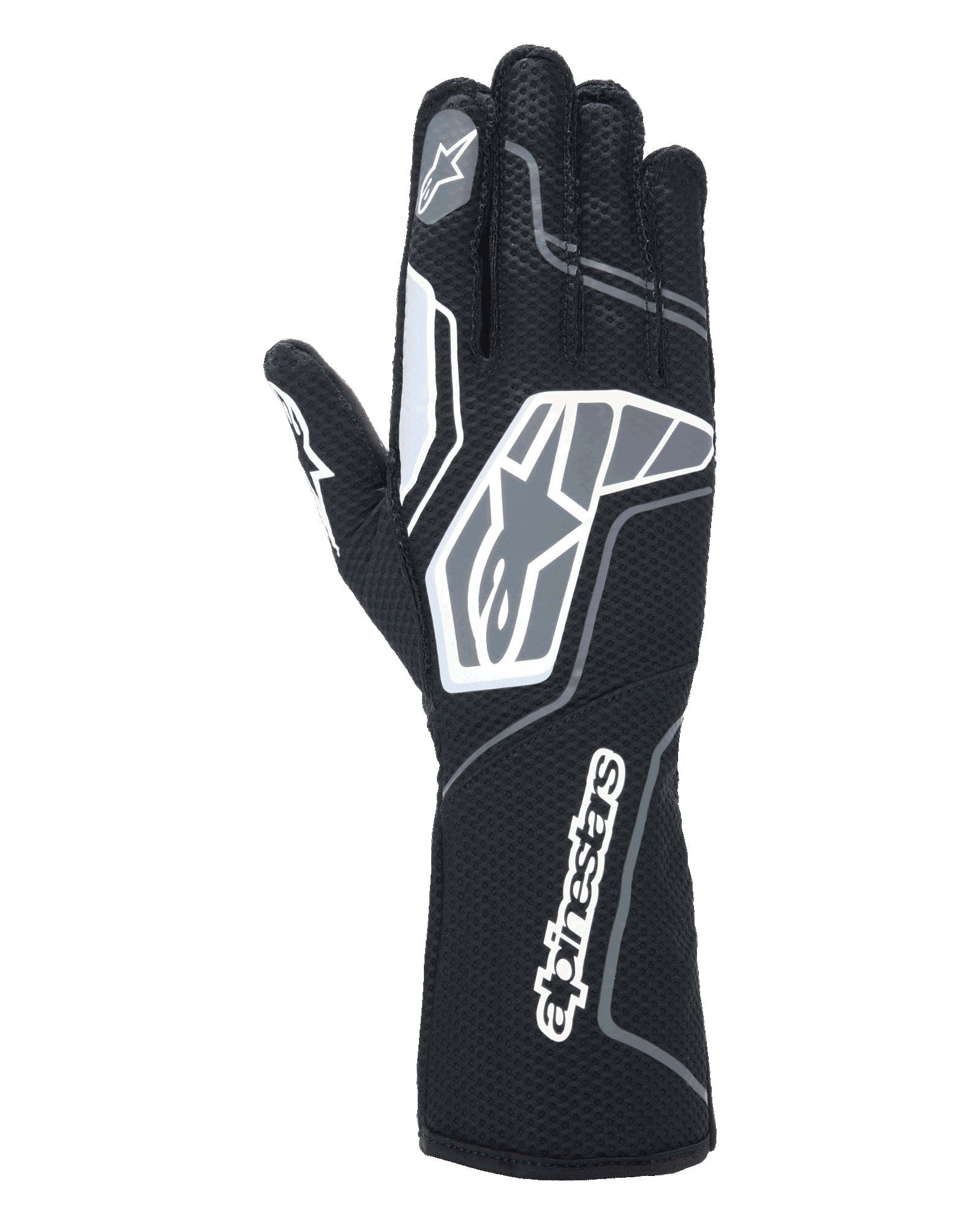 Luvas Alpinestars Tech-1 KX V4, luvas de karting, preto antracite, vista traseira mostrando malha respirável de camada dupla, detalhes gráficos cinzentos e brancos, marca Alpinestars proeminente no pulso e nos nós dos dedos, equipamento de corrida especializado