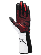 Luvas Alpinestars Tech-1 KX V4, luvas de karting, pretas, brancas e vermelhas, vista da palma com padrão de aderência em silicone 3D vermelho, punho branco com logótipo de estrela preto, design de desporto motorizado de alta performance