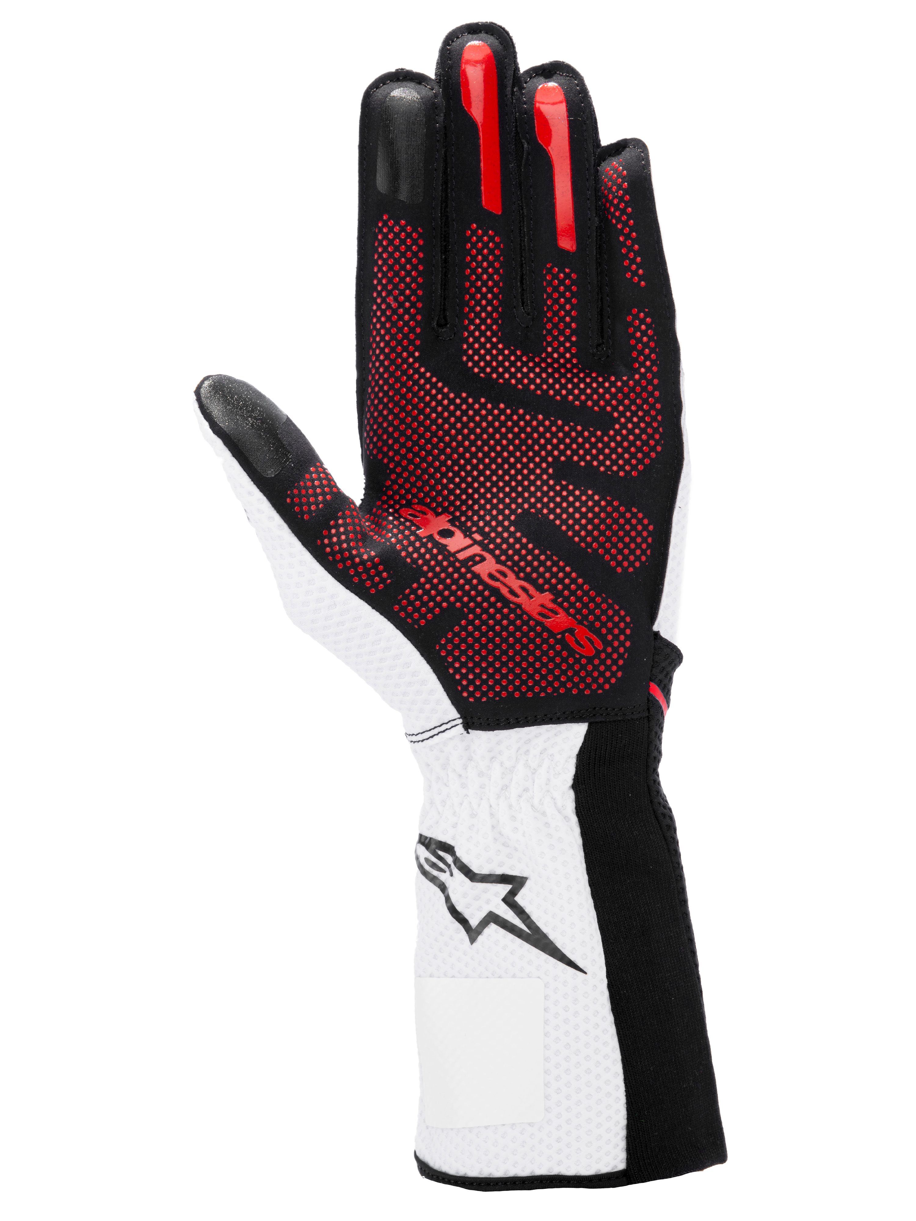 Luvas Alpinestars Tech-1 KX V4, luvas de karting, pretas, brancas e vermelhas, vista da palma com padrão de aderência em silicone 3D vermelho, punho branco com logótipo de estrela preto, design de desporto motorizado de alta performance
