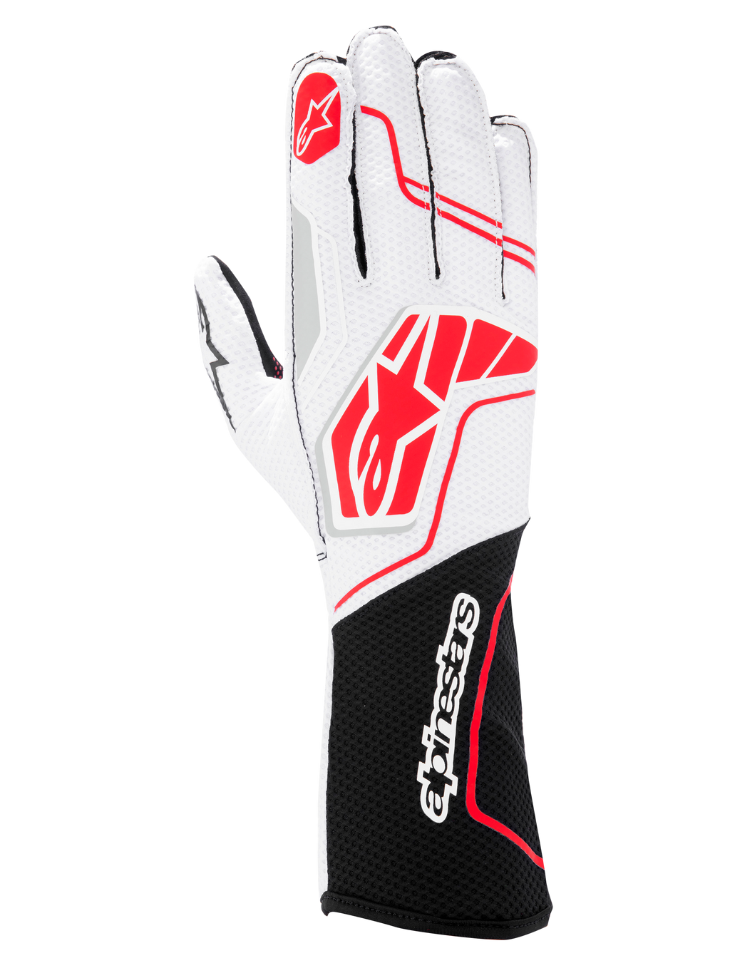 Luvas Alpinestars Tech-1 KX V4, luvas de karting, pretas, brancas e vermelhas, com parte superior em malha branca respirável, logótipos Alpinestars vermelhos e punho preto com a marca nominativa a branco.