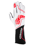 Luvas Alpinestars Tech-1 KX V4, luvas de karting, pretas, brancas e vermelhas, com parte superior em malha branca respirável, logótipos Alpinestars vermelhos e punho preto com a marca nominativa a branco.