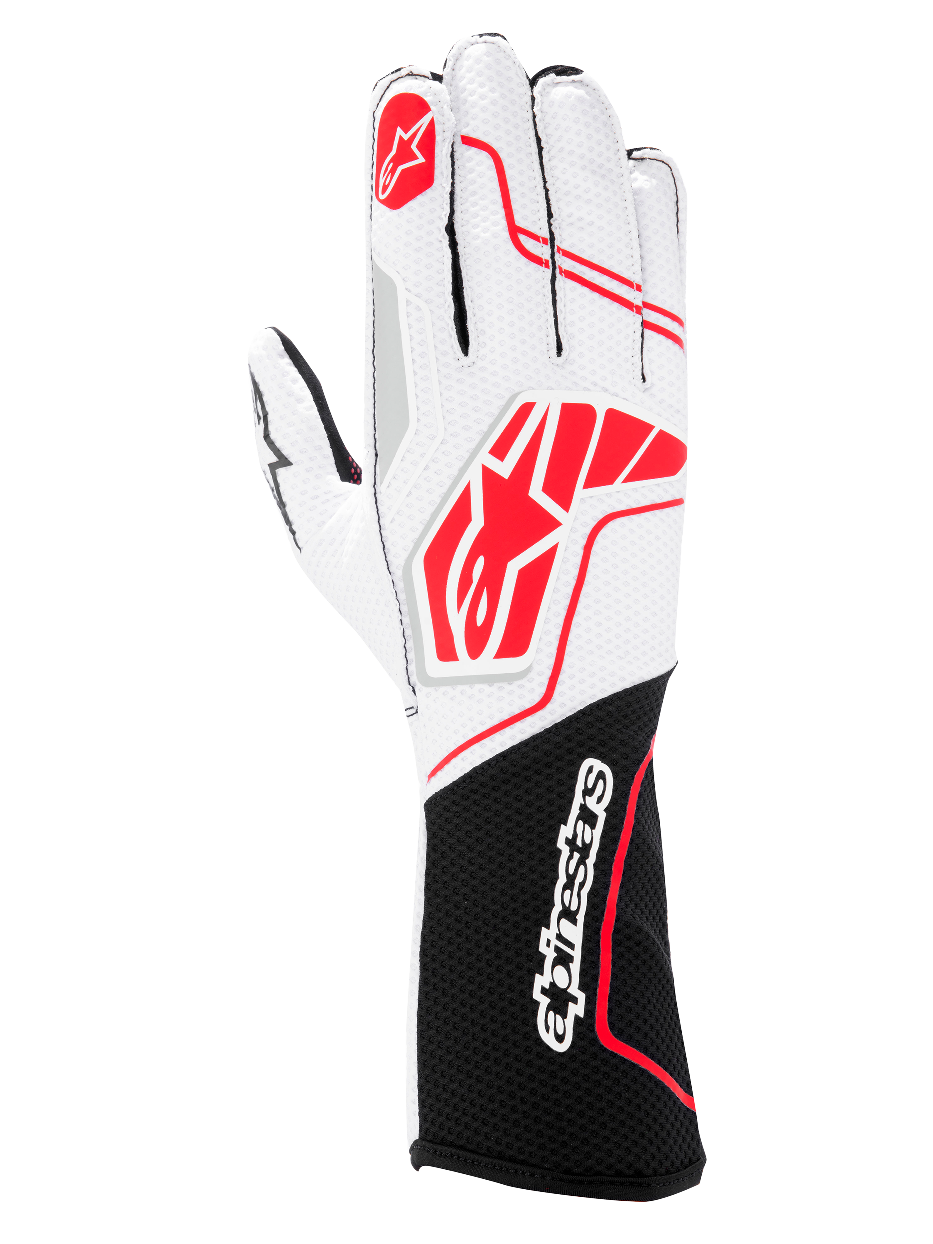 Luvas Alpinestars Tech-1 KX V4, luvas de karting, pretas, brancas e vermelhas, com parte superior em malha branca respirável, logótipos Alpinestars vermelhos e punho preto com a marca nominativa a branco.