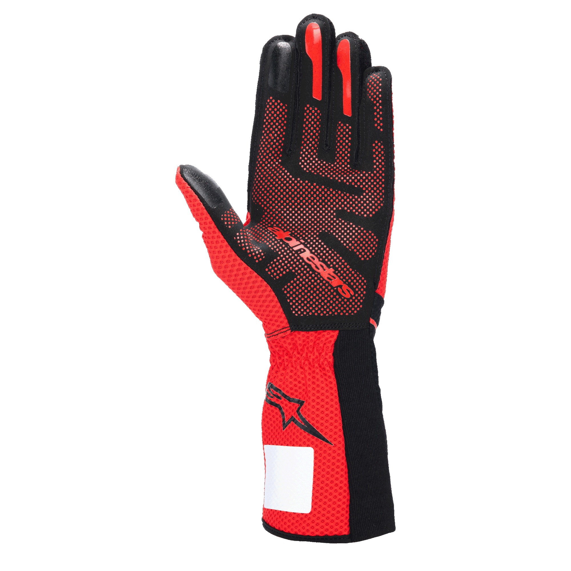 Luvas Alpinestars Tech-1 KX V4, Luvas de Karting, pretas e vermelhas, vista da palma com padrão de aderência em silicone 3D, tecido de malha vermelha respirável e etiqueta de identificação branca no pulso
