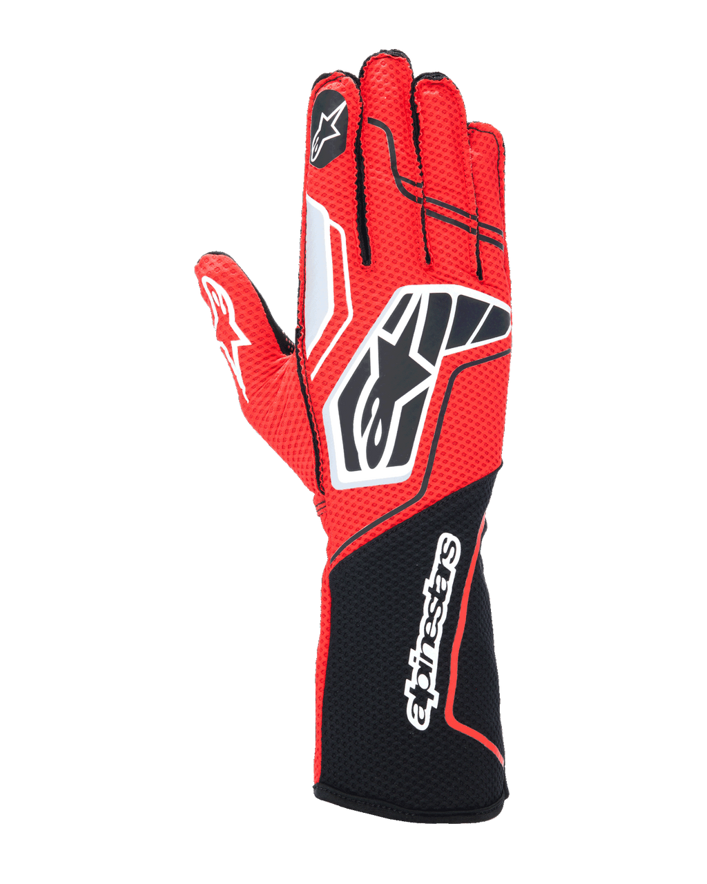 Alpinestars Tech-1 KX V4 Gloves, luvas de karting, vermelhas e pretas com detalhes brancos, construção em malha respirável, logótipo de estrela proeminente nas costas da mão, punho comprido com a inscrição Alpinestars, equipamento profissional de desportos motorizados