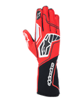 Alpinestars Tech-1 KX V4 Gloves, luvas de karting, vermelhas e pretas com detalhes brancos, construção em malha respirável, logótipo de estrela proeminente nas costas da mão, punho comprido com a inscrição Alpinestars, equipamento profissional de desportos motorizados