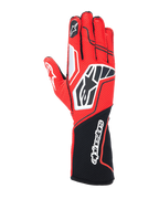 Alpinestars Tech-1 KX V4 Gloves, luvas de karting, vermelhas e pretas com detalhes brancos, construção em malha respirável, logótipo de estrela proeminente nas costas da mão, punho comprido com a inscrição Alpinestars, equipamento profissional de desportos motorizados