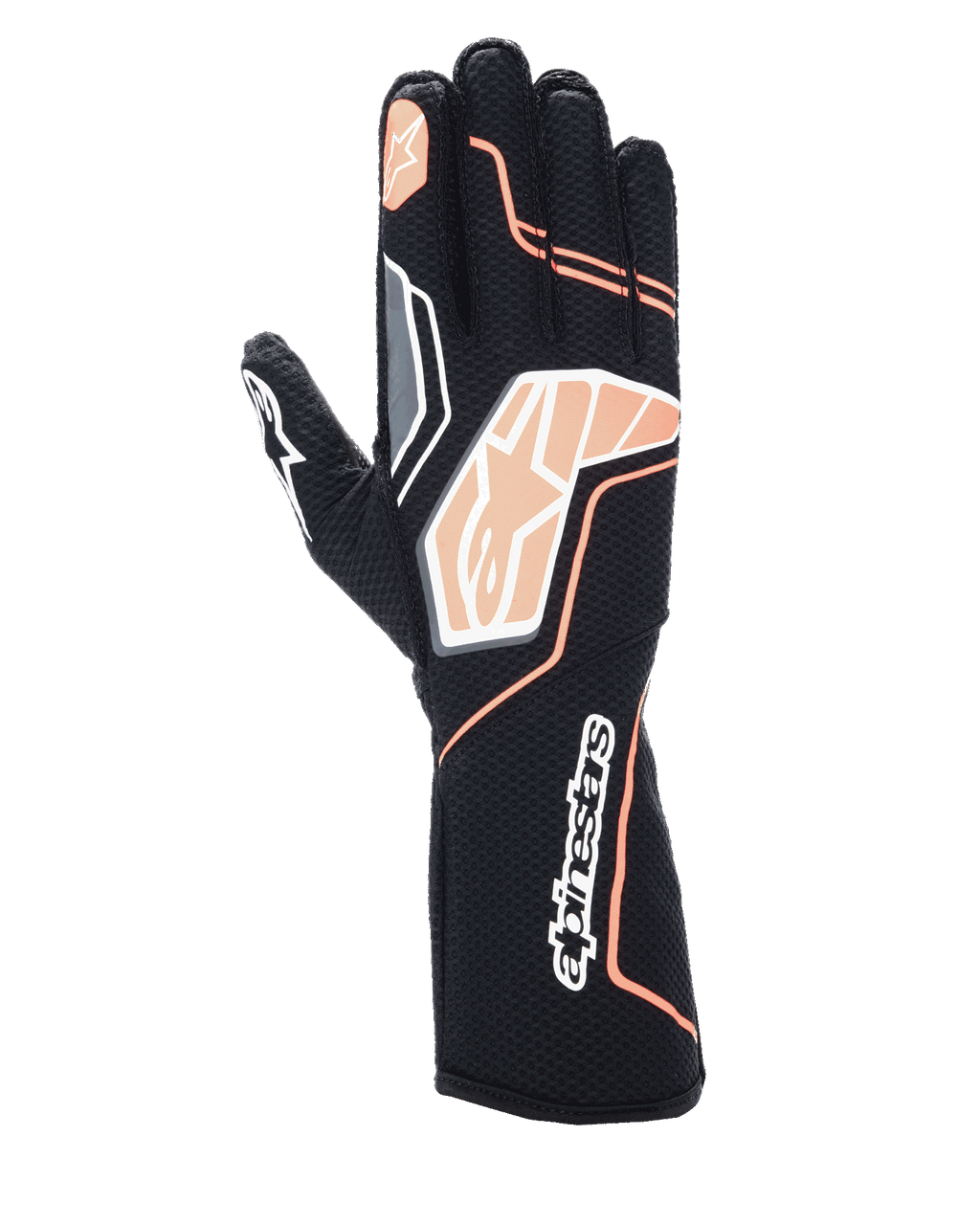 Alpinestars Tech-1 KX V4 Gloves, luvas de karting, pretas e laranja fluorescente, apresentando construção em malha respirável, detalhes gráficos em laranja e branco, logótipo Alpinestars nos nós dos dedos e no punho, design de competição profissional