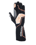 Alpinestars Tech-1 KX V4 Gloves, luvas de karting, pretas e laranja fluorescente, apresentando construção em malha respirável, detalhes gráficos em laranja e branco, logótipo Alpinestars nos nós dos dedos e no punho, design de competição profissional