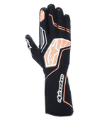 Alpinestars Tech-1 KX V4 Gloves, luvas de karting, pretas e laranja fluorescente, apresentando construção em malha respirável, detalhes gráficos em laranja e branco, logótipo Alpinestars nos nós dos dedos e no punho, design de competição profissional