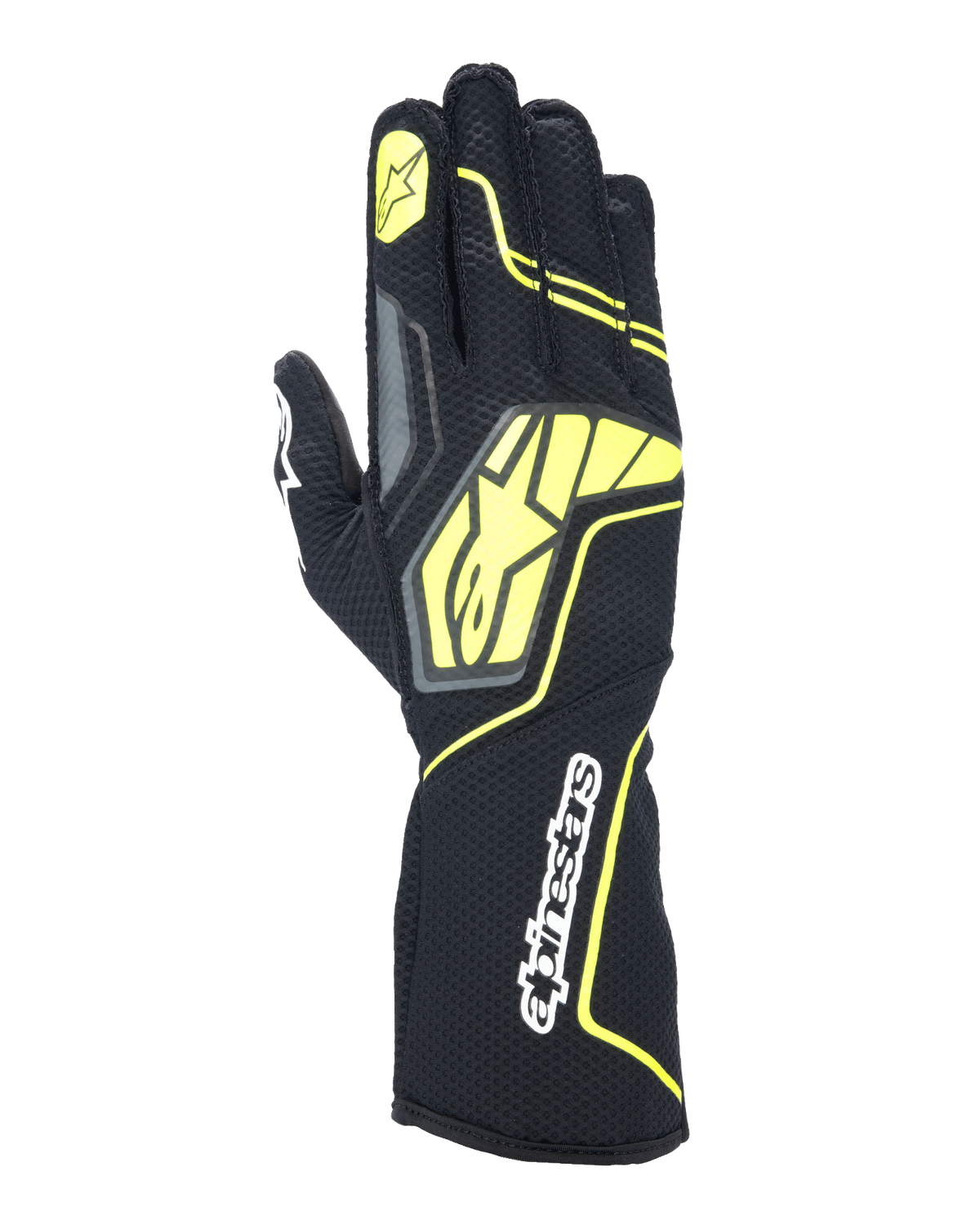 Luvas Alpinestars Tech-1 KX V4, luvas de karting, cinzento, preto e amarelo fluorescente, vista do dorso com construção em malha respirável, logótipo Alpinestars grande em amarelo, marca nominativa branca no pulso, estrela amarela no dedo indicador, design desportivo moderno