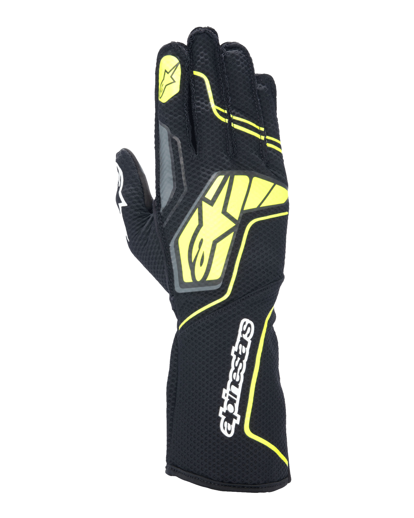 Luvas Alpinestars Tech-1 KX V4, luvas de karting, cinzento, preto e amarelo fluorescente, vista do dorso com construção em malha respirável, logótipo Alpinestars grande em amarelo, marca nominativa branca no pulso, estrela amarela no dedo indicador, design desportivo moderno