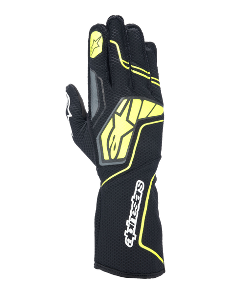 Luvas Alpinestars Tech-1 KX V4, luvas de karting, cinzento, preto e amarelo fluorescente, vista do dorso com construção em malha respirável, logótipo Alpinestars grande em amarelo, marca nominativa branca no pulso, estrela amarela no dedo indicador, design desportivo moderno
