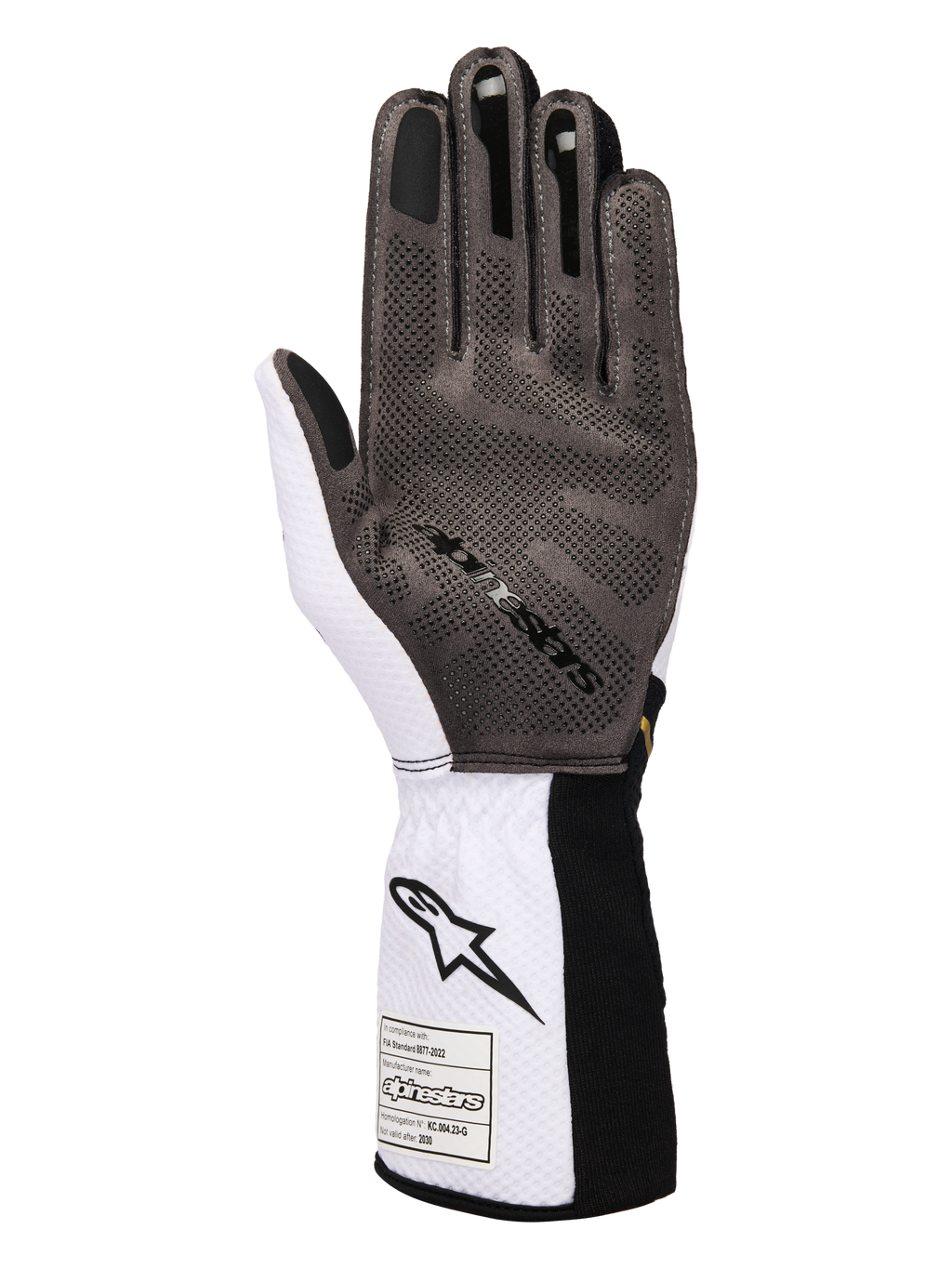 Luvas Alpinestars Tech-1 KX V4, luvas de karting, brancas, pretas e douradas, vista da palma mostrando o padrão de aderência em silicone 3D, construção em malha branca respirável e etiqueta de certificação FIA 8877-2022 no punho
