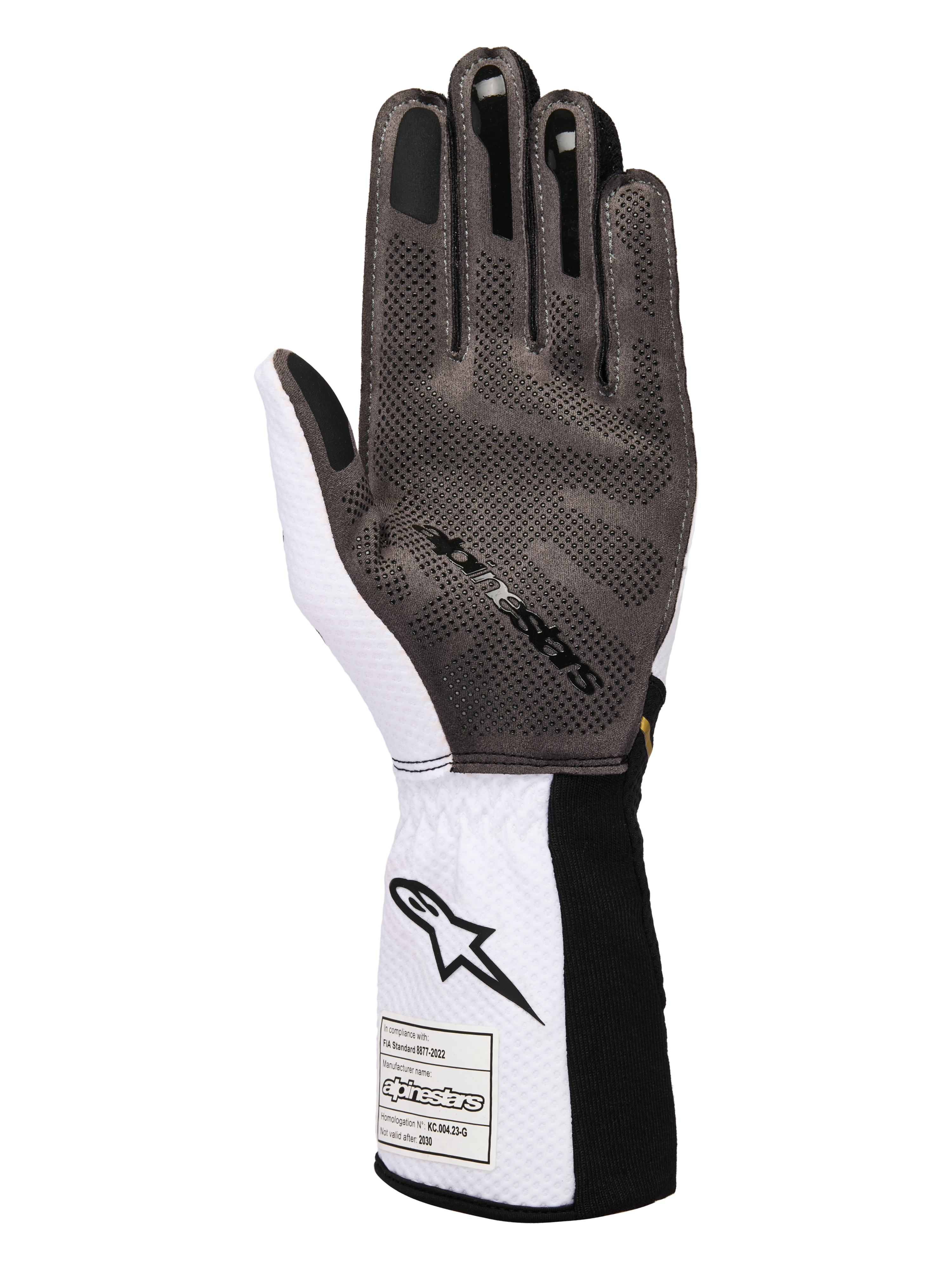 Luvas Alpinestars Tech-1 KX V4, luvas de karting, brancas, pretas e douradas, vista da palma mostrando o padrão de aderência em silicone 3D, construção em malha branca respirável e etiqueta de certificação FIA 8877-2022 no punho