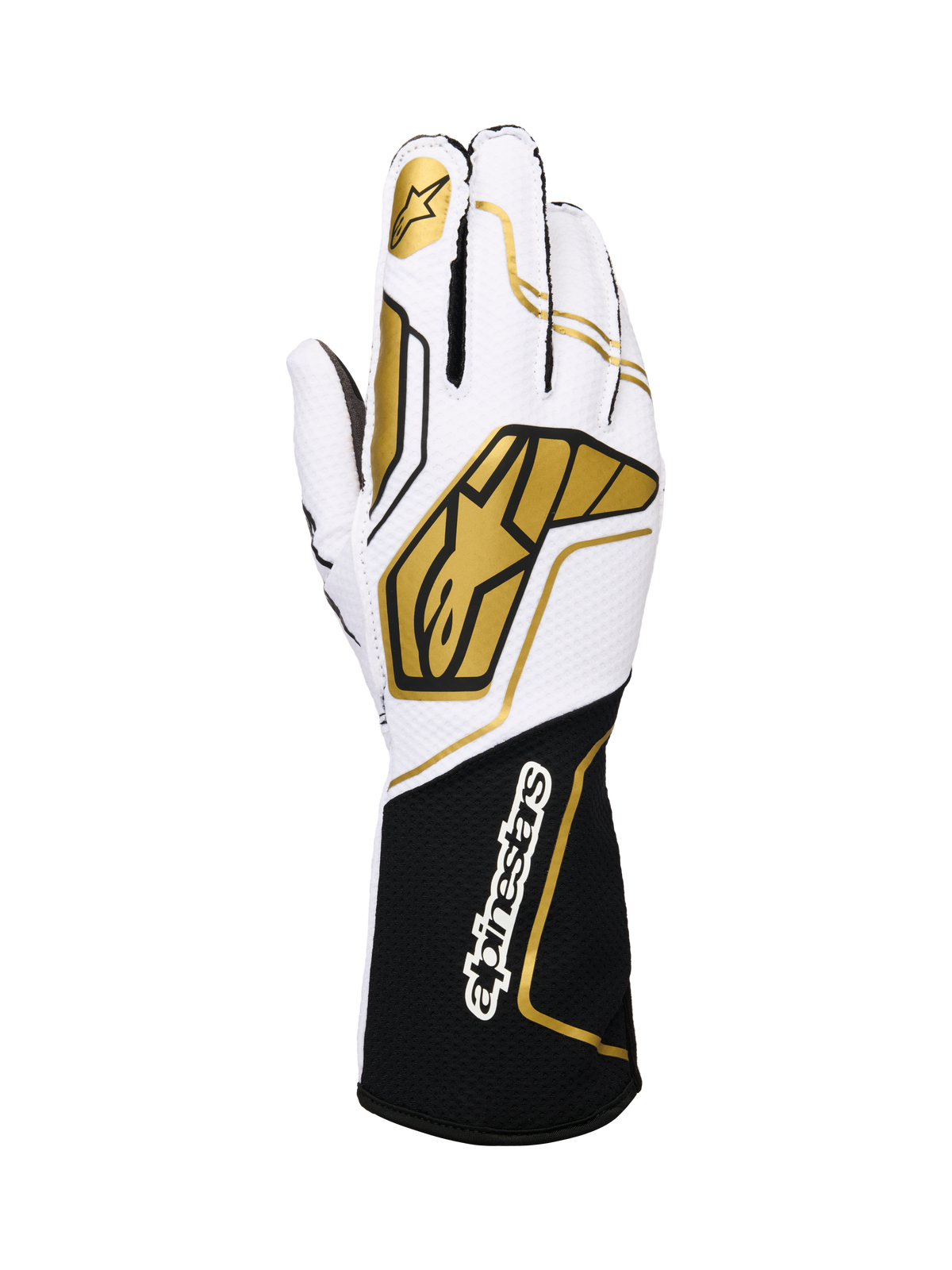 Alpinestars Tech-1 KX V4 Gloves, karting racing gloves, white and black with gold accents, featuring a gold star logo on the index finger and large gold geometric patterns on the back, breathable mesh construction with a black cuff and white branding, ergonomic design for motorsport performance.