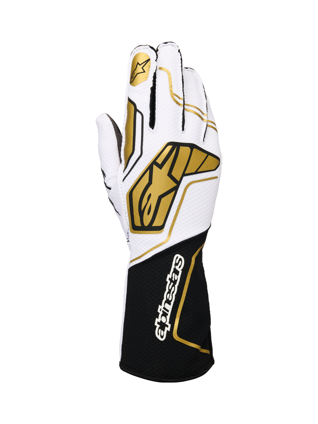 Luvas Alpinestars Tech-1 KX V4, luvas de karting, brancas e pretas com detalhes dourados, logótipo de estrela dourada no dedo indicador e grandes padrões geométricos dourados nas costas, construção em malha respirável com punho preto e marca branca, design ergonómico para performance em desportos motorizados