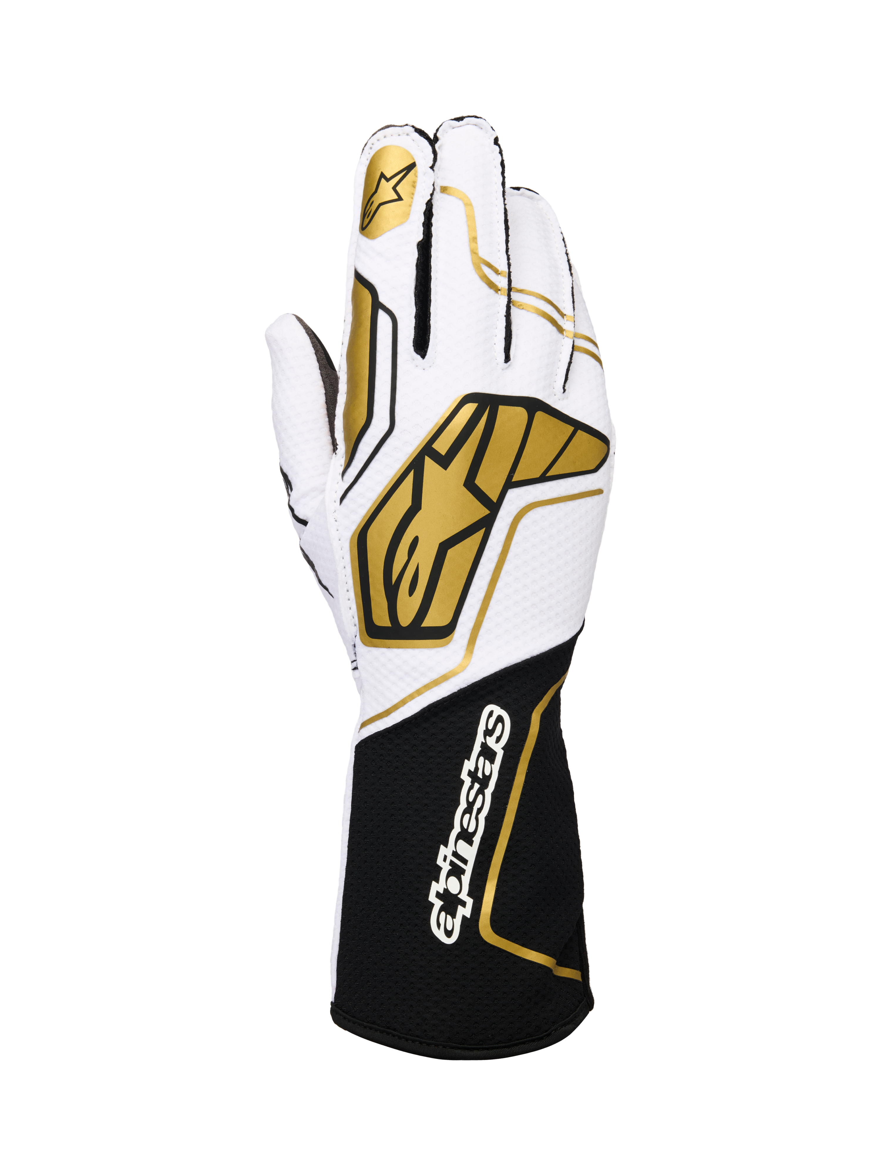 Luvas Alpinestars Tech-1 KX V4, luvas de karting, brancas e pretas com detalhes dourados, logótipo de estrela dourada no dedo indicador e grandes padrões geométricos dourados nas costas, construção em malha respirável com punho preto e marca branca, design ergonómico para performance em desportos motorizados