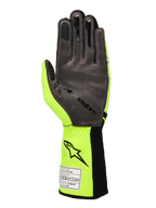 Luvas Alpinestars Tech-1 KX V4, luvas de karting, amarelo fluo e preto, vista da palma em camurça sintética cinzenta com padrão de aderência em silicone 3D, etiqueta de homologação FIA no punho canelado, design de alta performance para competição