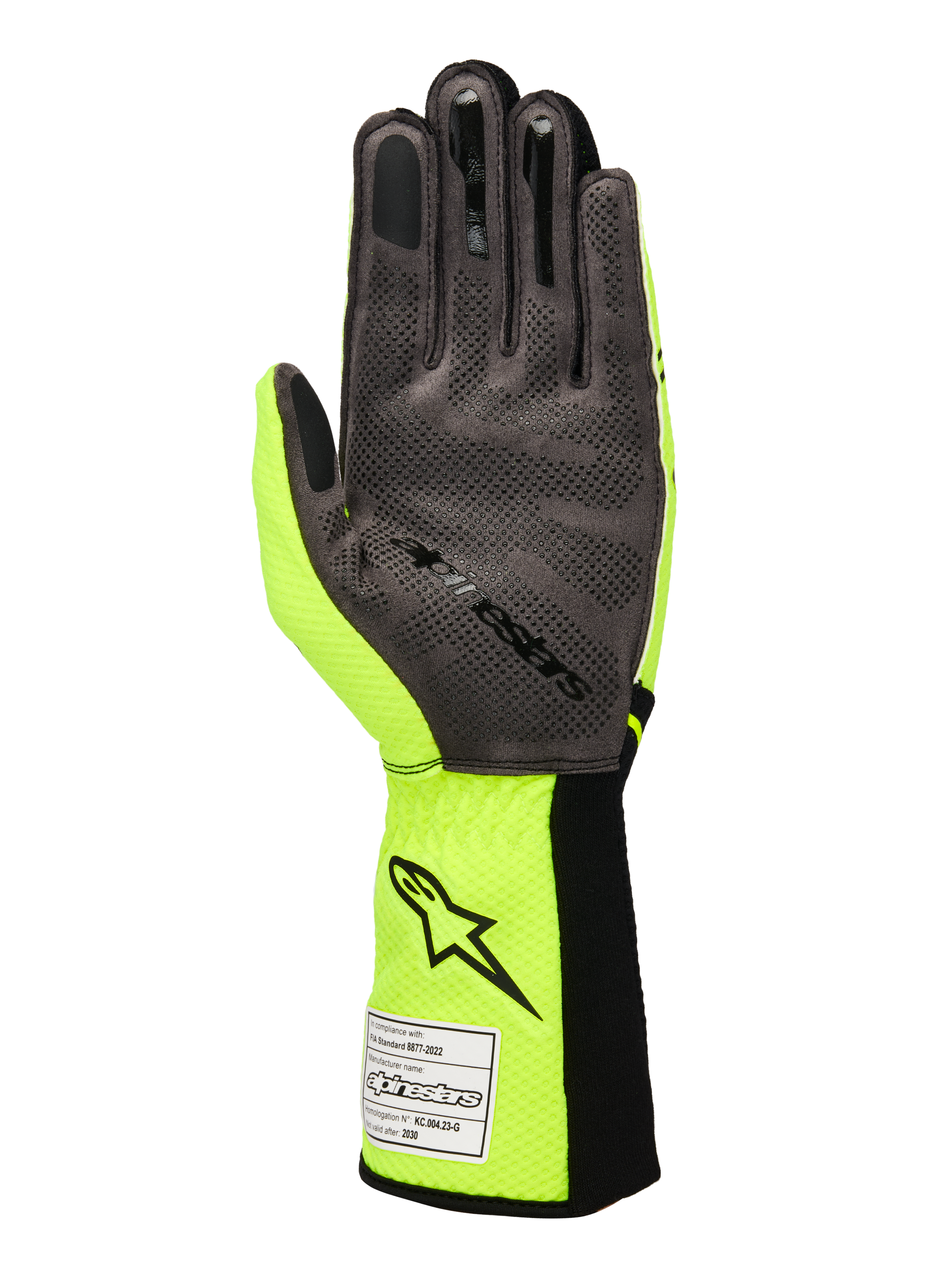 Luvas Alpinestars Tech-1 KX V4, luvas de karting, amarelo fluo e preto, vista da palma em camurça sintética cinzenta com padrão de aderência em silicone 3D, etiqueta de homologação FIA no punho canelado, design de alta performance para competição