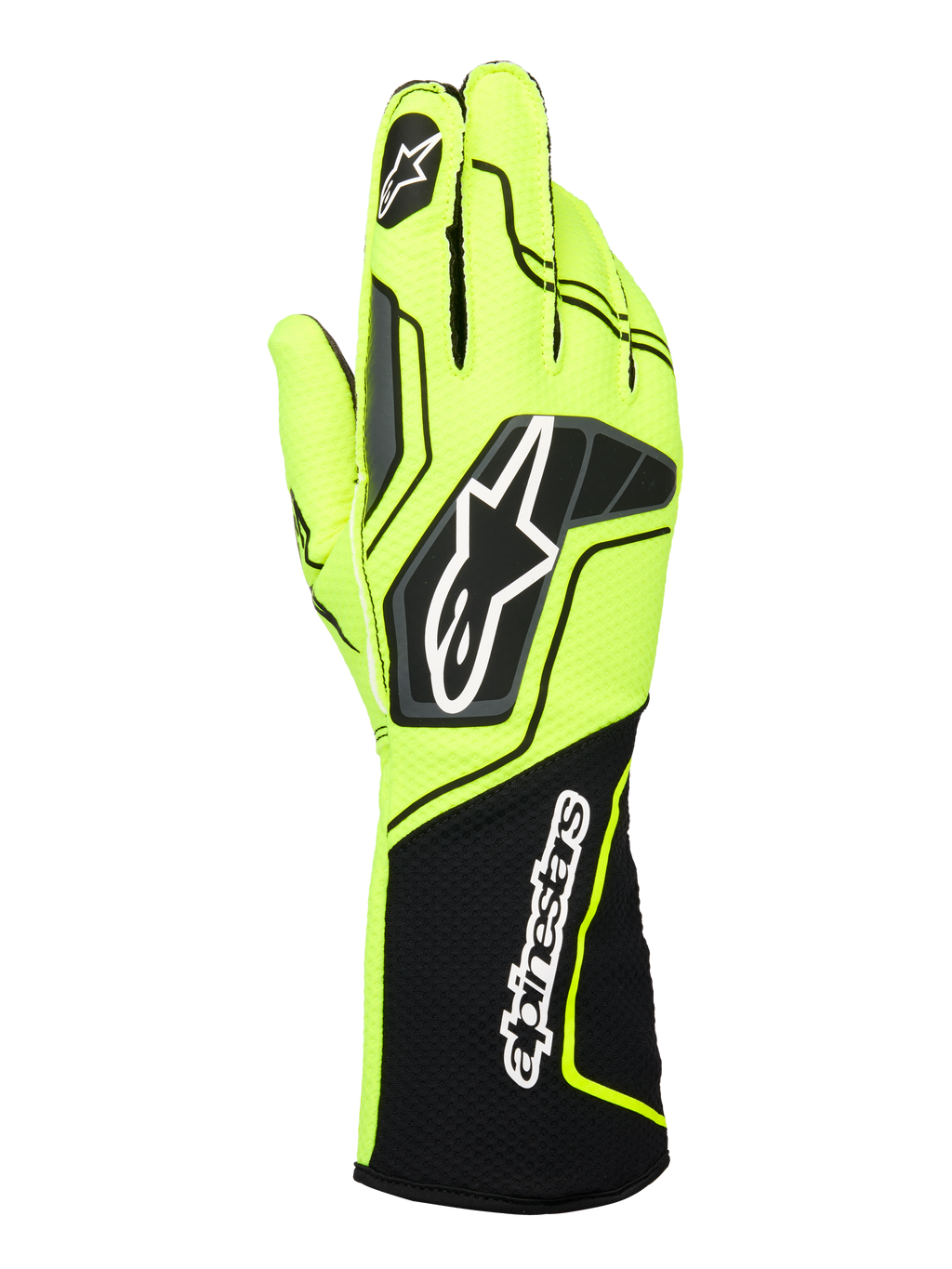 Luvas Alpinestars Tech-1 KX V4, luvas de karting, amarelo néon e preto, vista posterior com construção em malha respirável de camada dupla, logótipo Astar proeminente no dorso e nome Alpinestars no punho canelado estendido, design ergonómico de performance