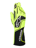 Luvas Alpinestars Tech-1 KX V4, luvas de karting, amarelo néon e preto, vista posterior com construção em malha respirável de camada dupla, logótipo Astar proeminente no dorso e nome Alpinestars no punho canelado estendido, design ergonómico de performance