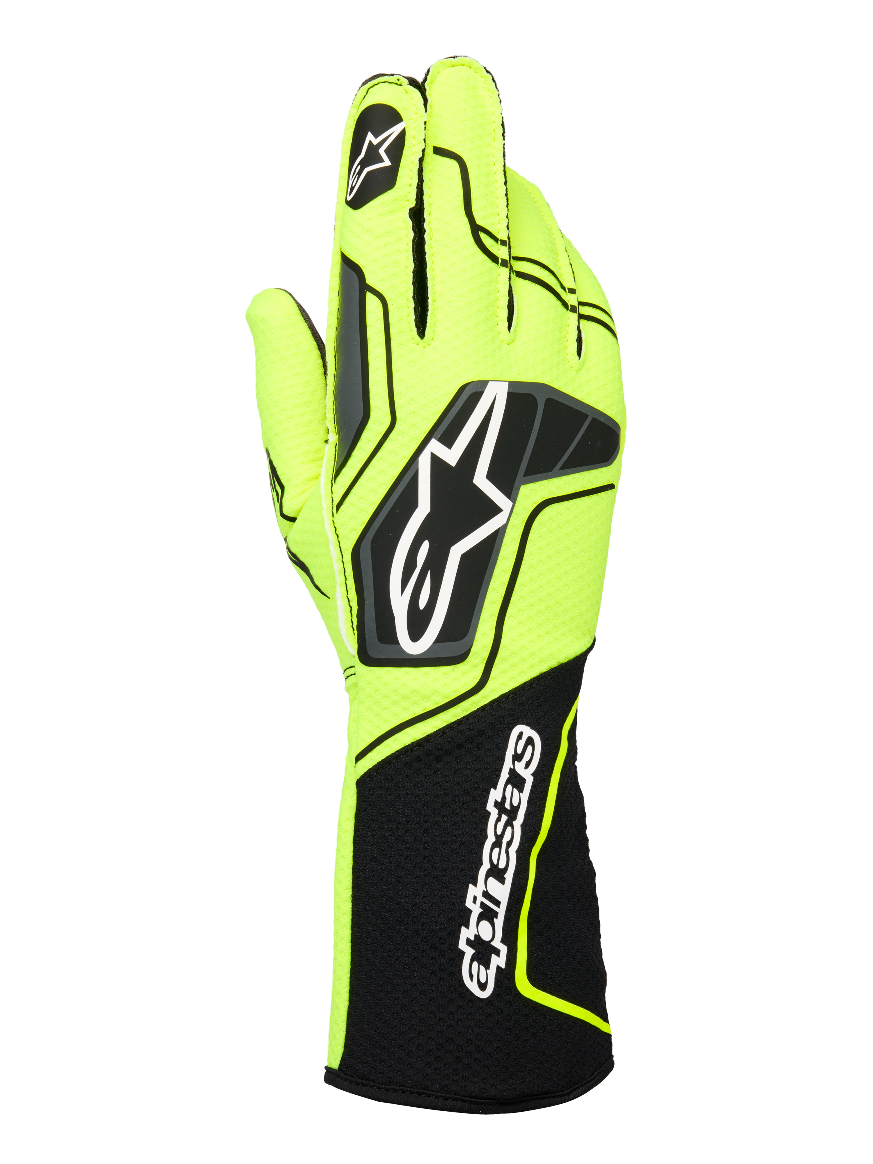 Luvas Alpinestars Tech-1 KX V4, luvas de karting, amarelo néon e preto, vista posterior com construção em malha respirável de camada dupla, logótipo Astar proeminente no dorso e nome Alpinestars no punho canelado estendido, design ergonómico de performance