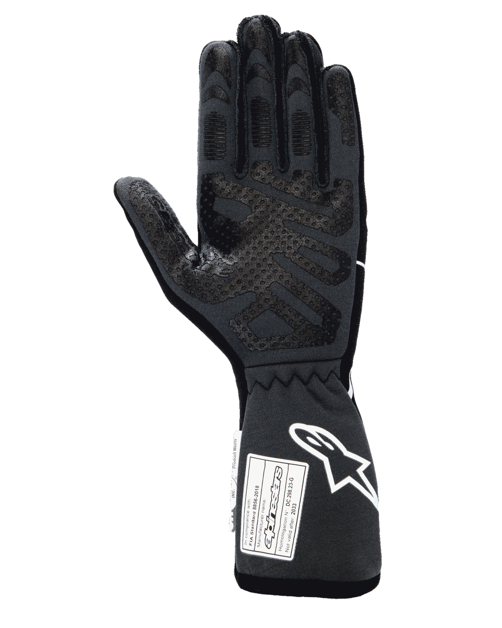 Luvas Alpinestars Tech-1 Race V4, luvas profissionais de automobilismo, preto Tar Gray, vista da palma com padrões extensos de aderência em silicone nos dedos e na palma, punho de manopla estendido com logótipo Alpinestars branco e etiquetas de certificação FIA/SFI