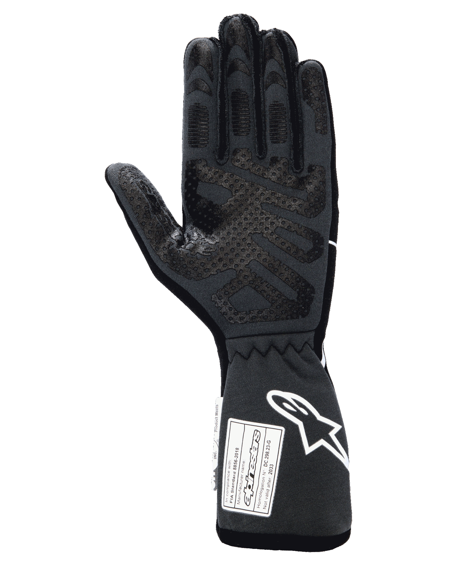 Luvas Alpinestars Tech-1 Race V4, luvas profissionais de automobilismo, preto Tar Gray, vista da palma com padrões extensos de aderência em silicone nos dedos e na palma, punho de manopla estendido com logótipo Alpinestars branco e etiquetas de certificação FIA/SFI