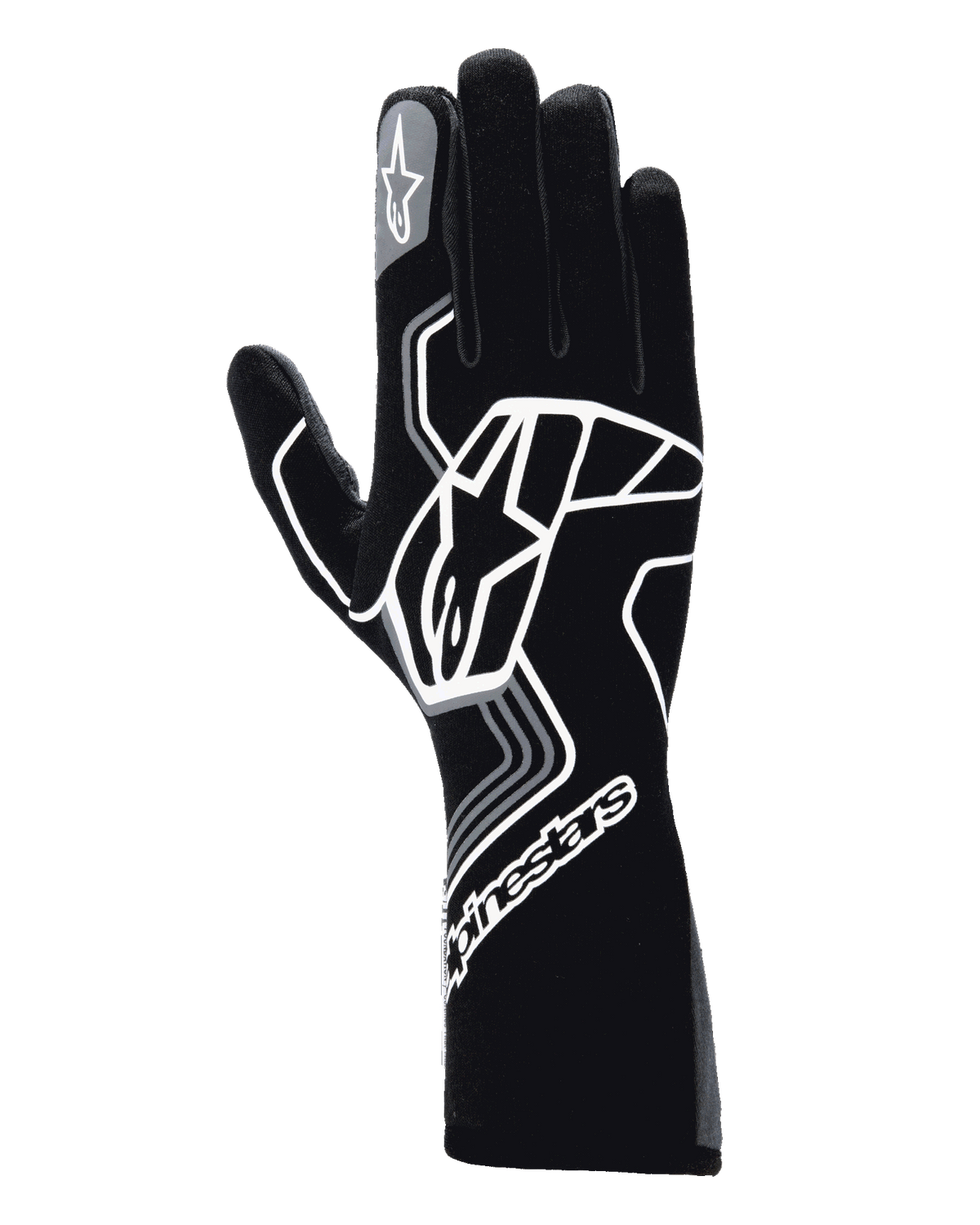 Alpinestars Tech-1 Race V4 Gloves, Auto Racing Gloves, Black Tar Gray, featuring a large white geometric star logo design, Alpinestars branding on the cuff and index finger, long gauntlet style for high-performance motorsport