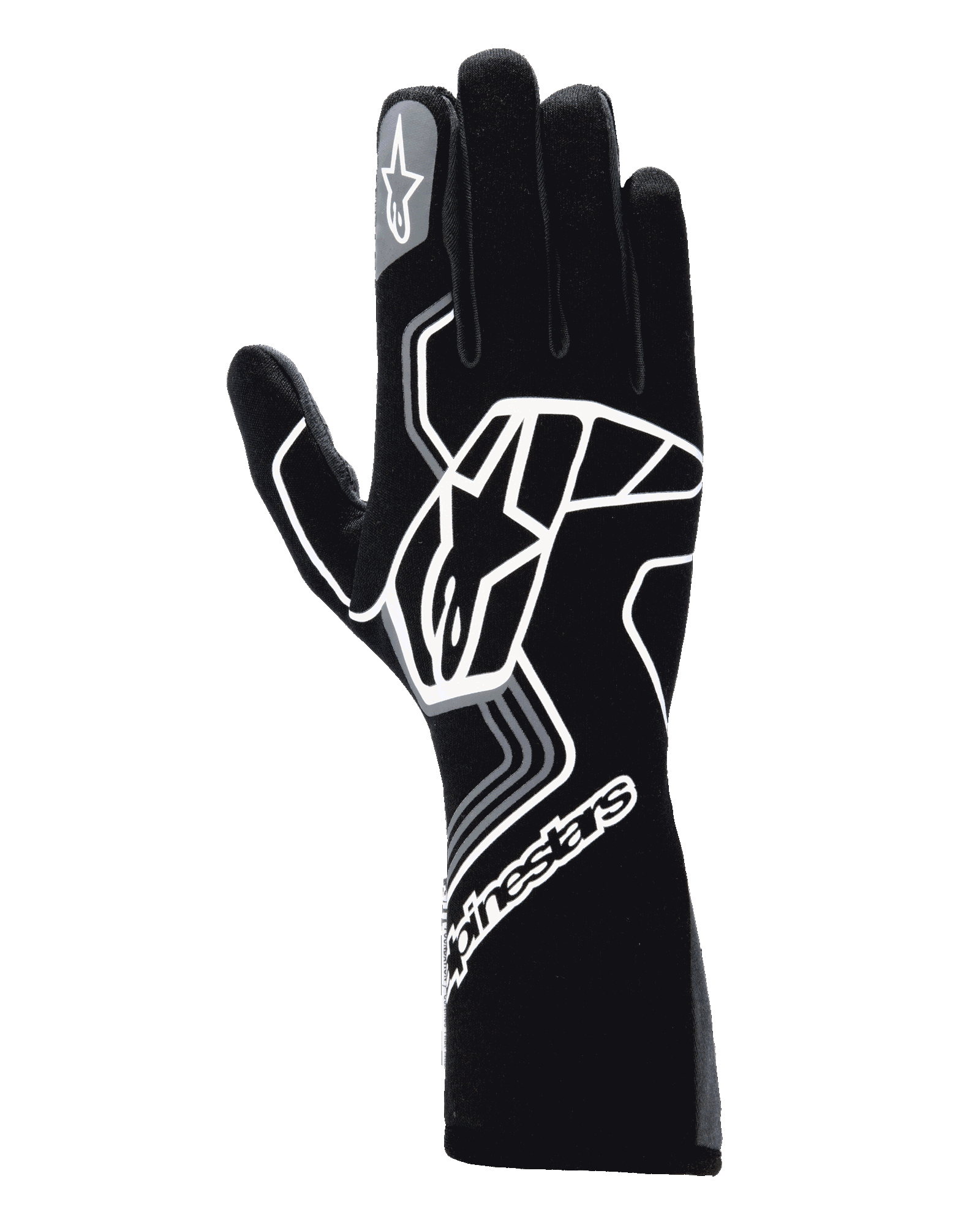 Luvas Alpinestars Tech-1 Race V4, luvas de automobilismo, Preto Tar Gray, com um logótipo de estrela geométrica branco de grandes dimensões, marca Alpinestars no punho e no dedo indicador, estilo de cano longo para desportos motorizados de alta performance